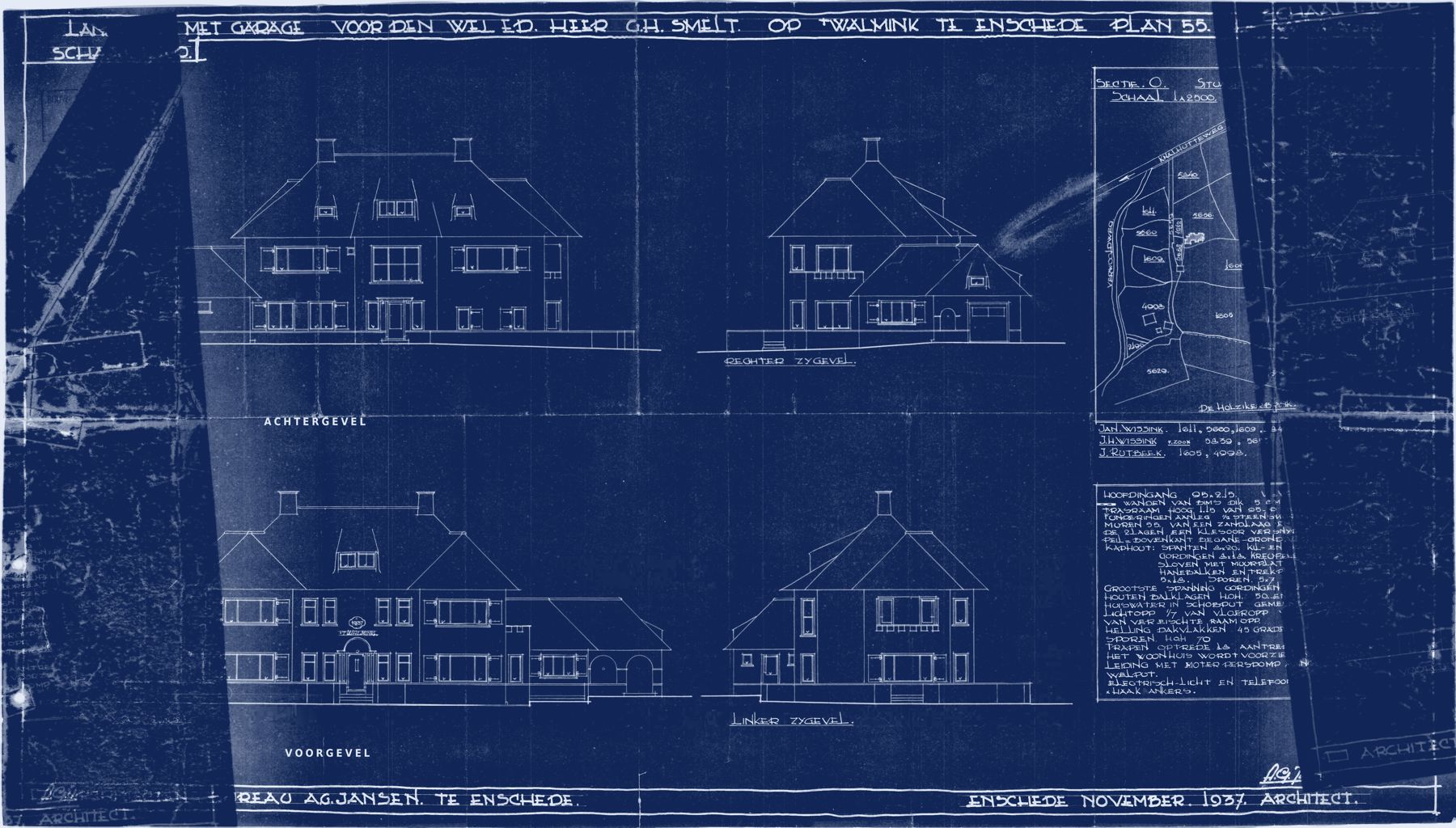 Oorspronkelijke ontwerptekening van landhuis 't Walmink, Bureau A.G. Jansen, november 1937
